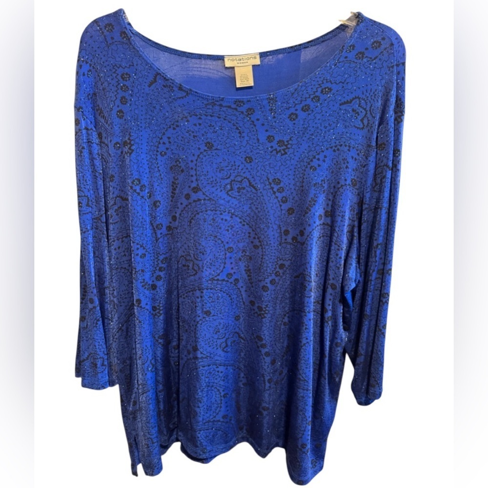 Notations Women’s Plus Size Blue Black Sparkle Top Blouse Crew Neck Sz 3X
